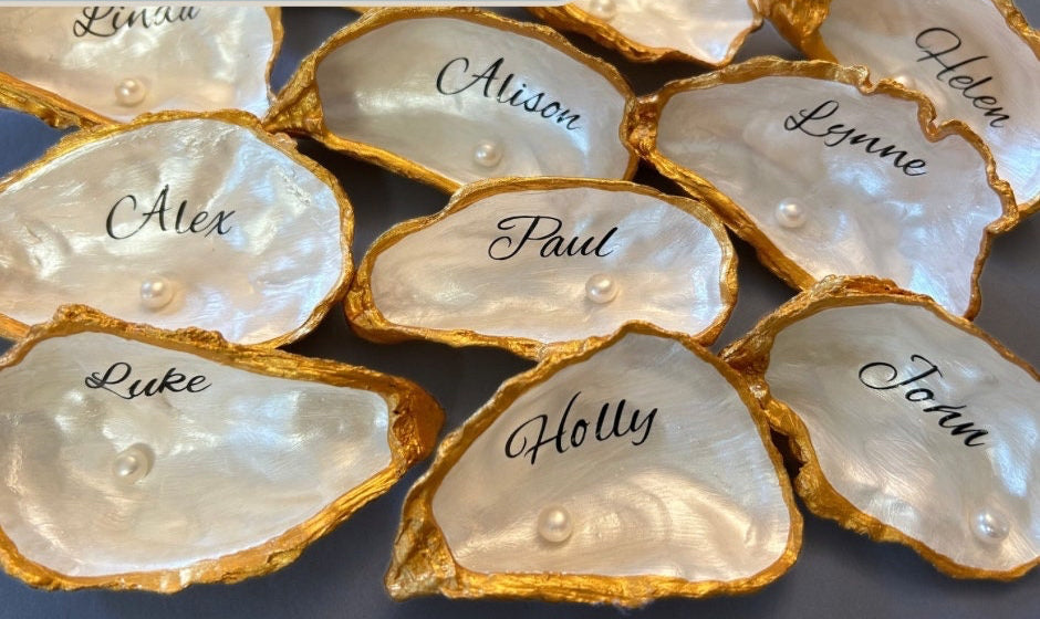 Gold Personalised Oyster Destination Wedding Favour and Place Name.