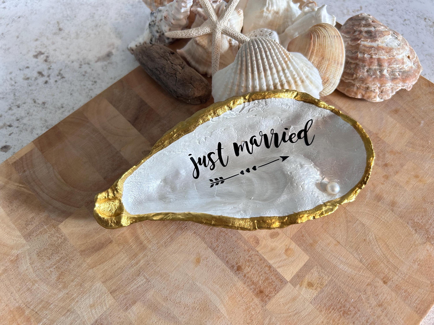 Just Married Oyster Shell Wedding Ring Dish Set With A Freshwater Pearl.