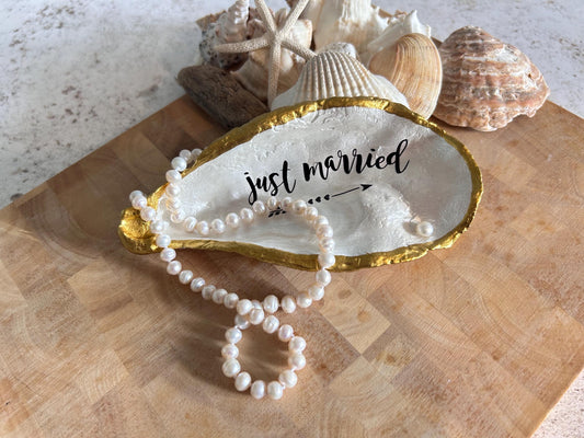 Just Married Oyster Shell Wedding Ring Dish Set With A Freshwater Pearl.