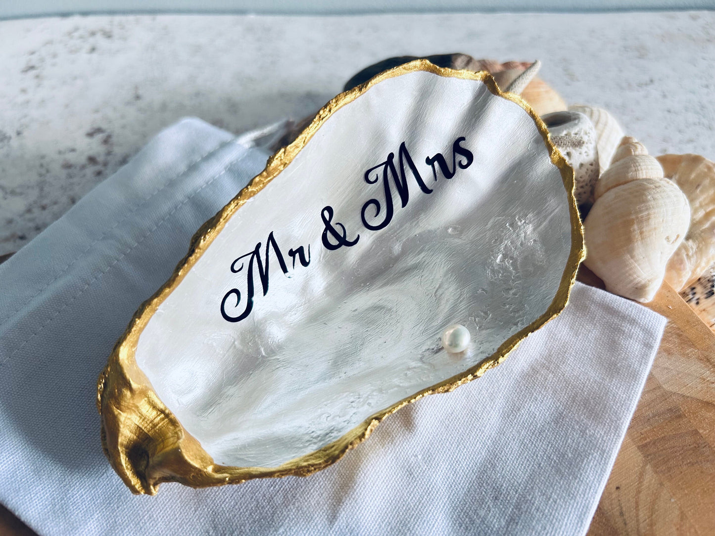 Mr & Mrs Large Gold Oyster Shell Wedding Ring Holder.