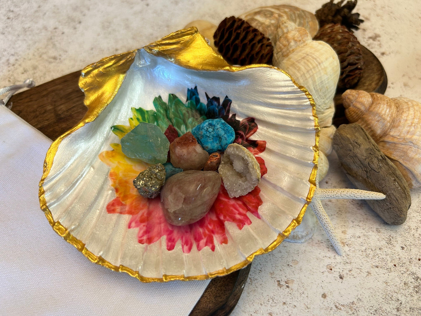 Golden Rainbow flower Natural Scallop Shell Jewellery Dish.