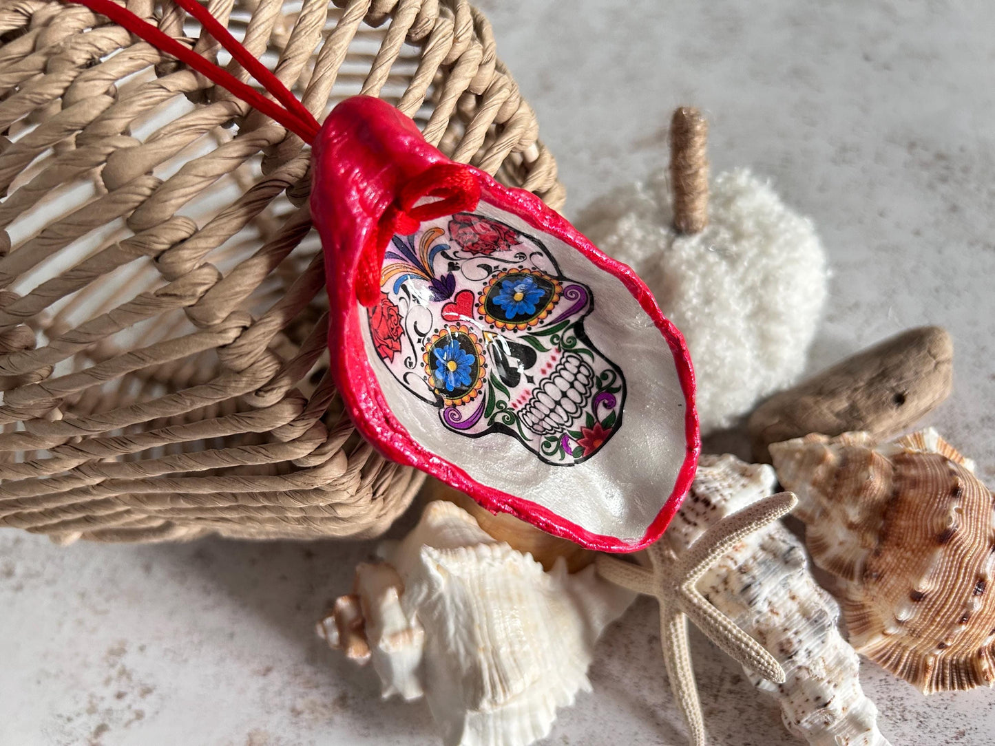 Gothic Day of the Dead Sugar Skull Oyster Shell Hanging Decoration.