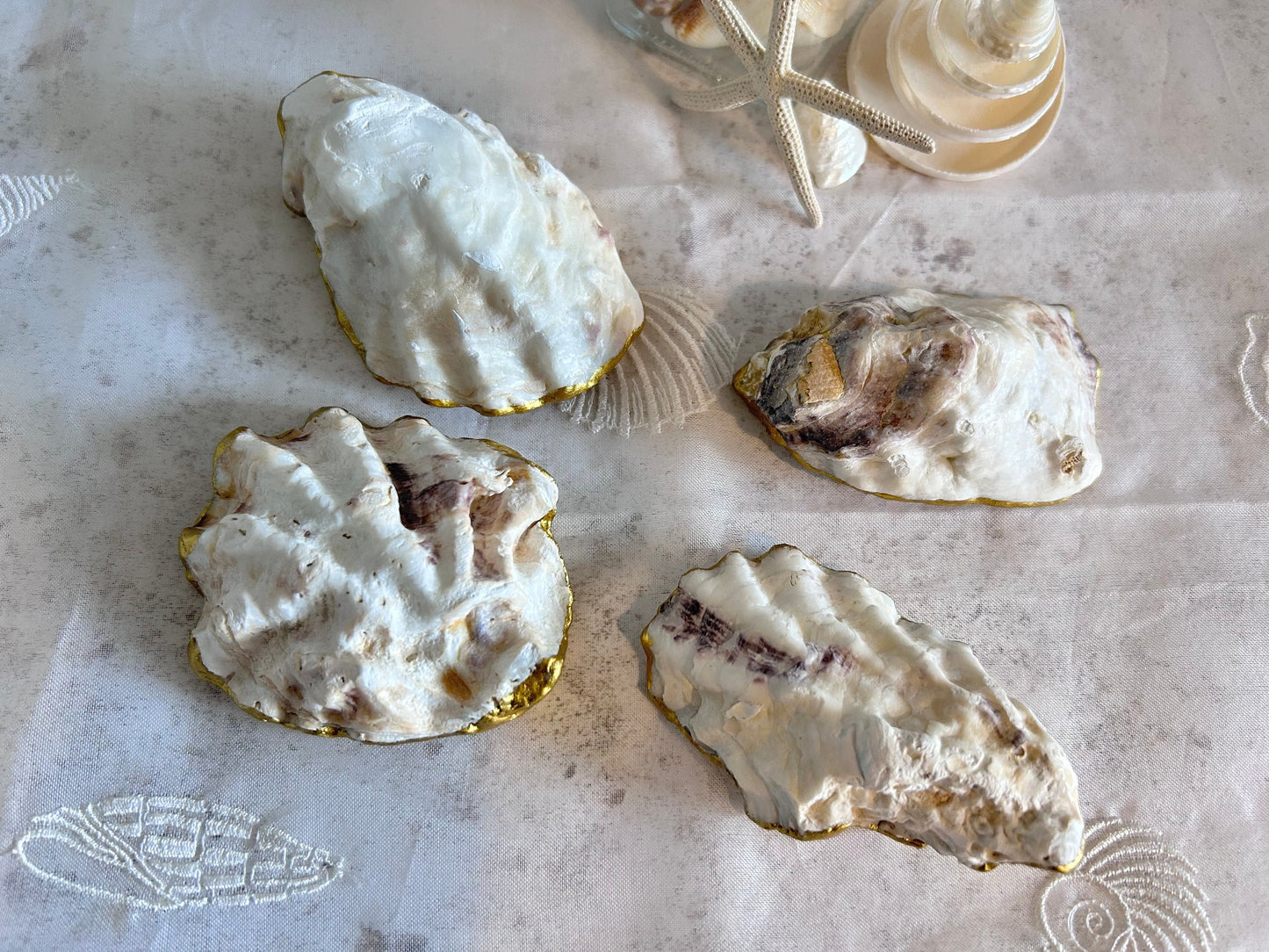 Antique Gold Oyster Shell Wedding Place Name and Favours.