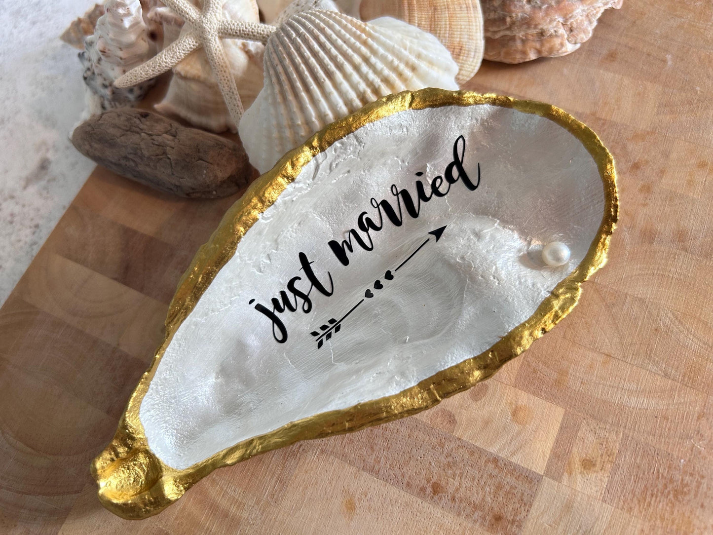 Just Married Oyster Shell Wedding Ring Dish Set With A Freshwater Pearl.