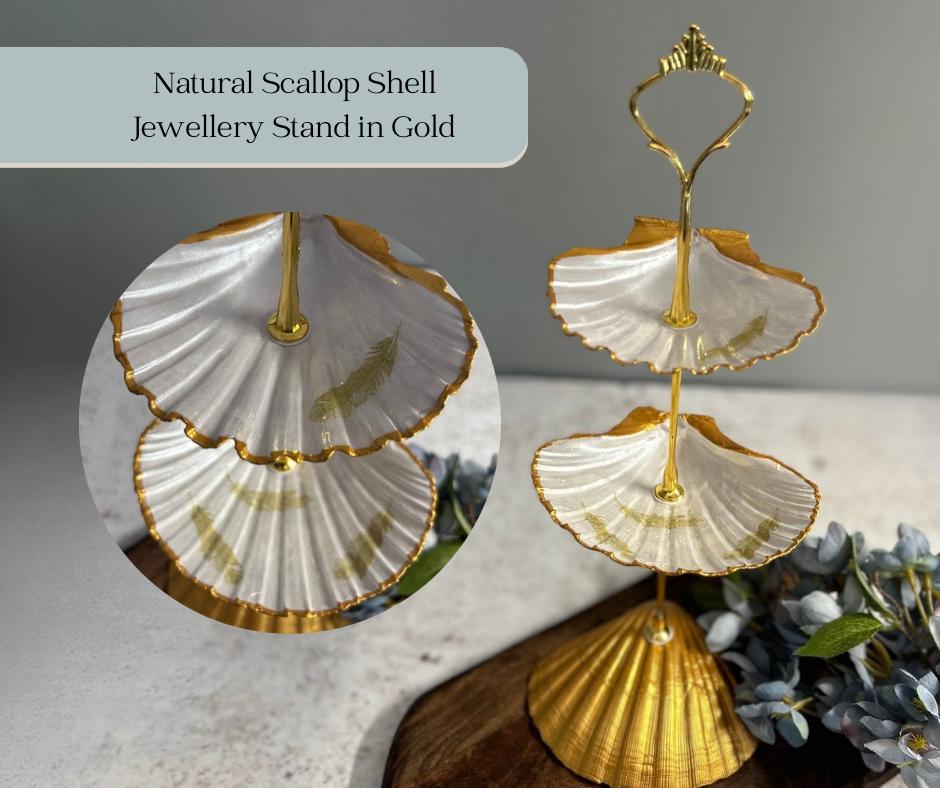 Gold Natural Two Tier Scallop Shell Jewellery Stand with Feather Design.