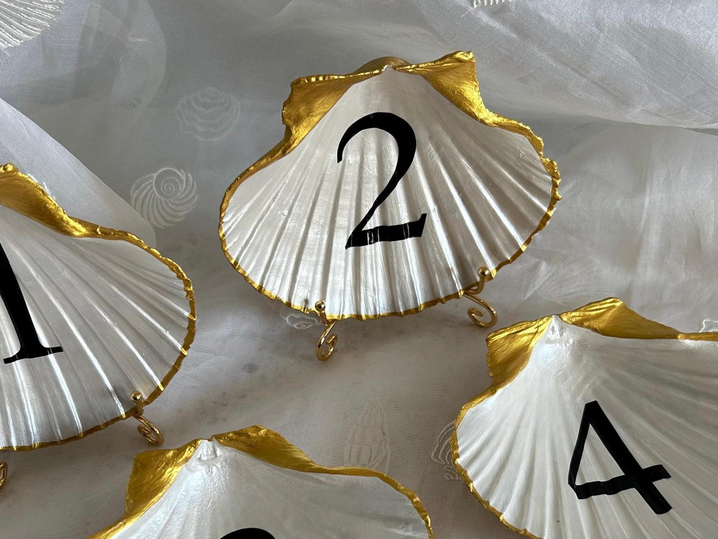 Gold Scallop Seashell Wedding Table Numbers or Names.