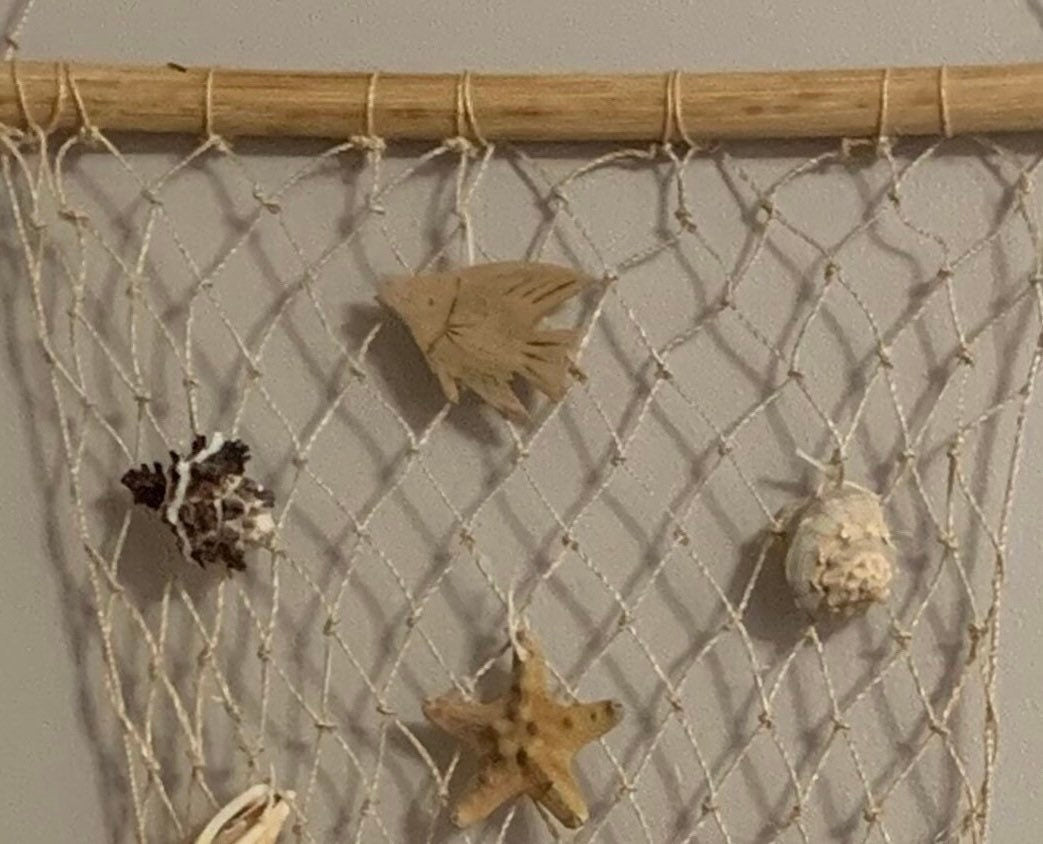 Fisherman net and sea shell nautical hanging decor. Natural wood, Shell and starfish mobile. Beach themed decoration for the garden or spa.