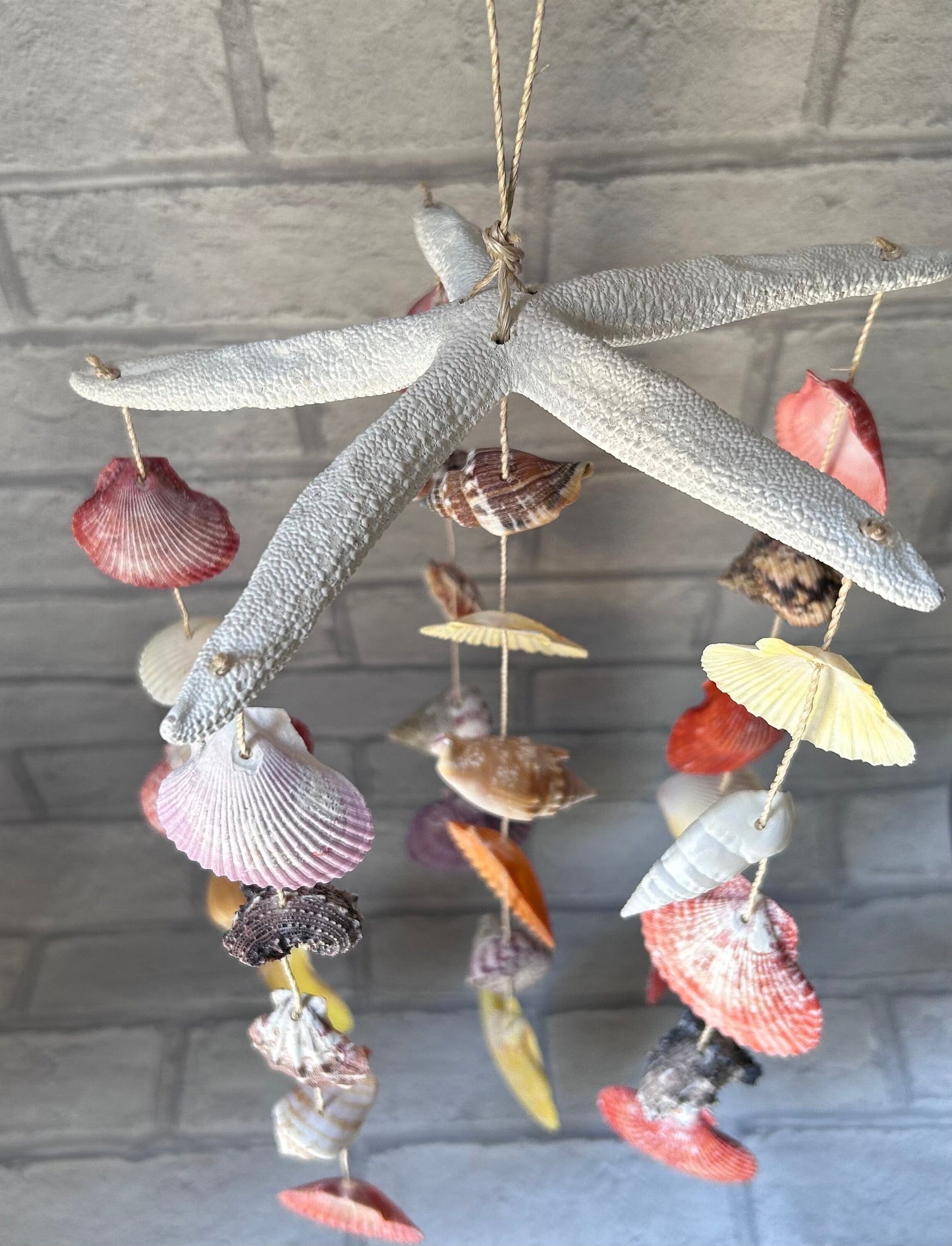 Shell and Starfish Wind Chime Beach Home Decor. Coastal Theme Accessory. Sun Room or Conservatory Mobile. The perfect Gift for Beach Lovers.