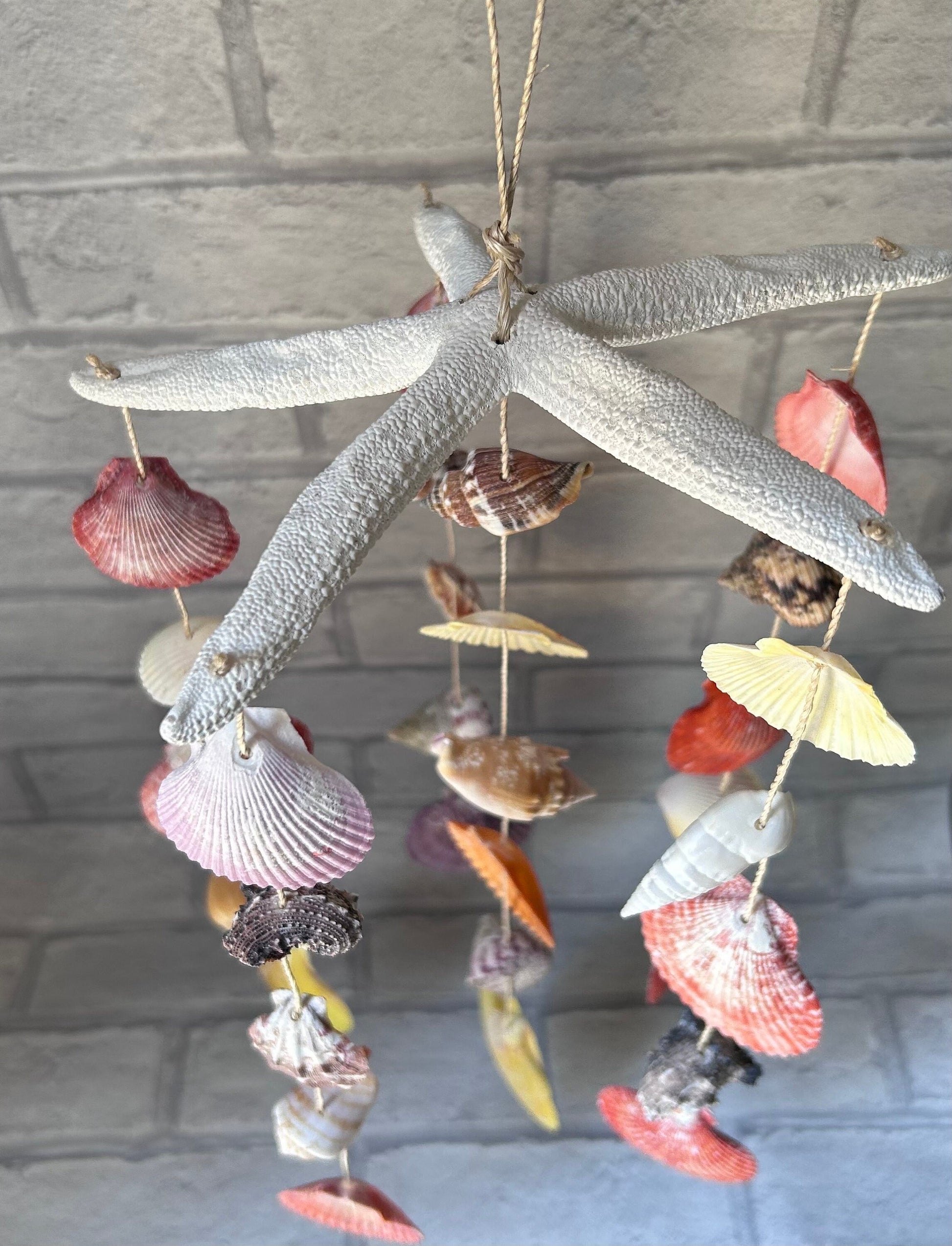Shell and Starfish Wind Chime Beach Home Decor. Coastal Theme Accessory. Sun Room or Conservatory Mobile. The perfect Gift for Beach Lovers.