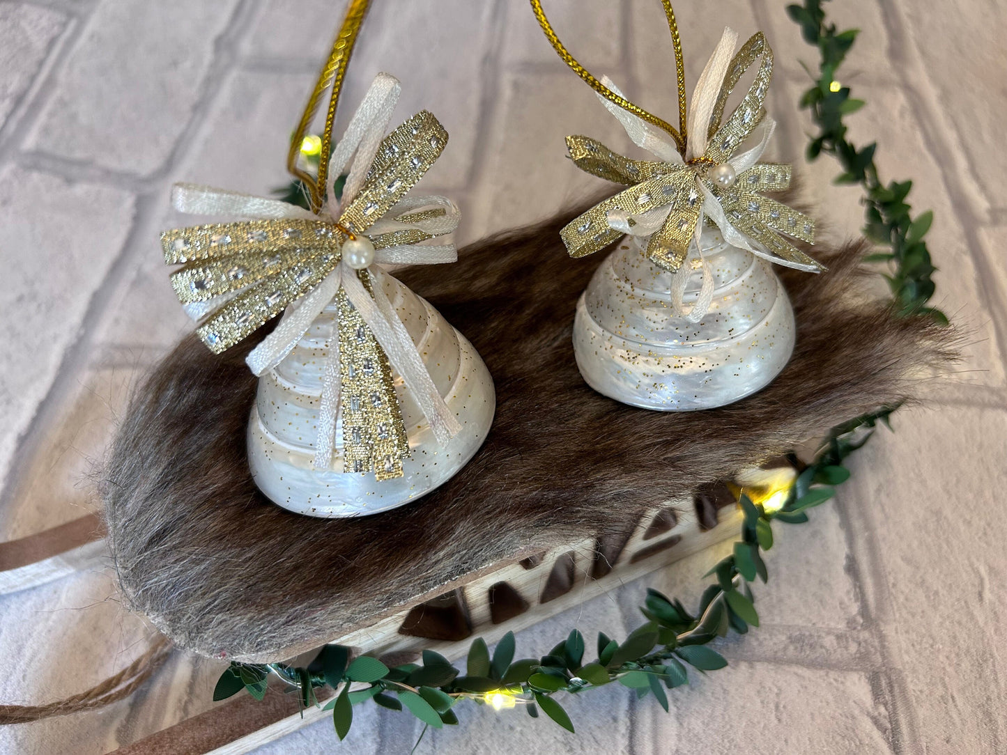 Pearlescent shell hanging decoration. Natural Trochus spiral shell bauble. Mother of Pearl and gold glitter door decor. Fisherman aesthetic