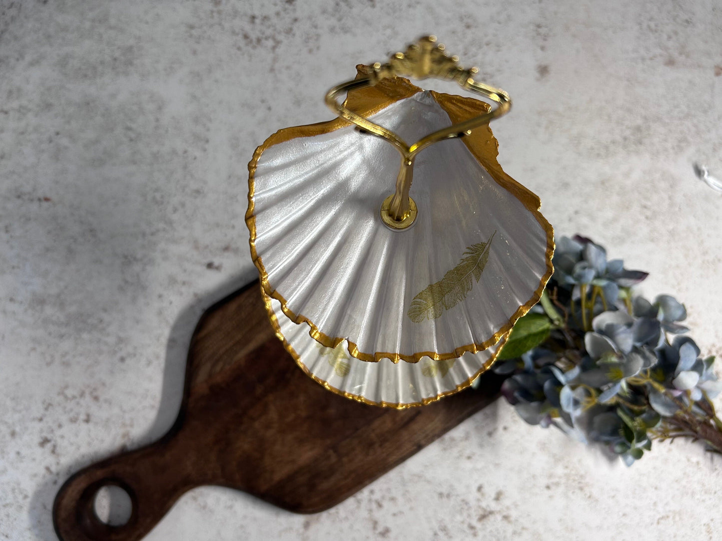 Gold scallop shell jewellery stand with feather design. Two tier jewellery display gift for her. Bedside ring, earring and necklace holder.