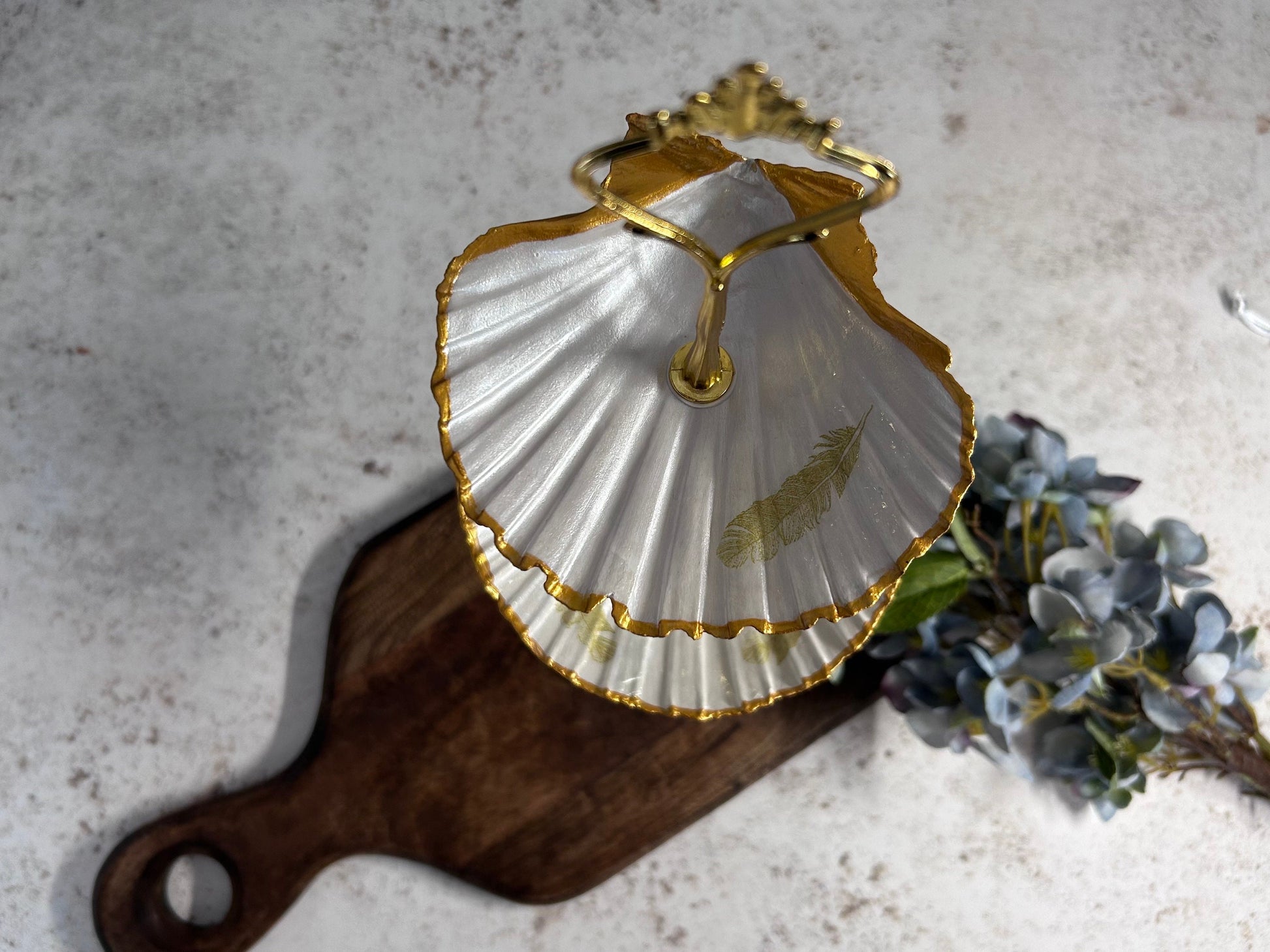 Gold scallop shell jewellery stand with feather design. Two tier jewellery display gift for her. Bedside ring, earring and necklace holder.