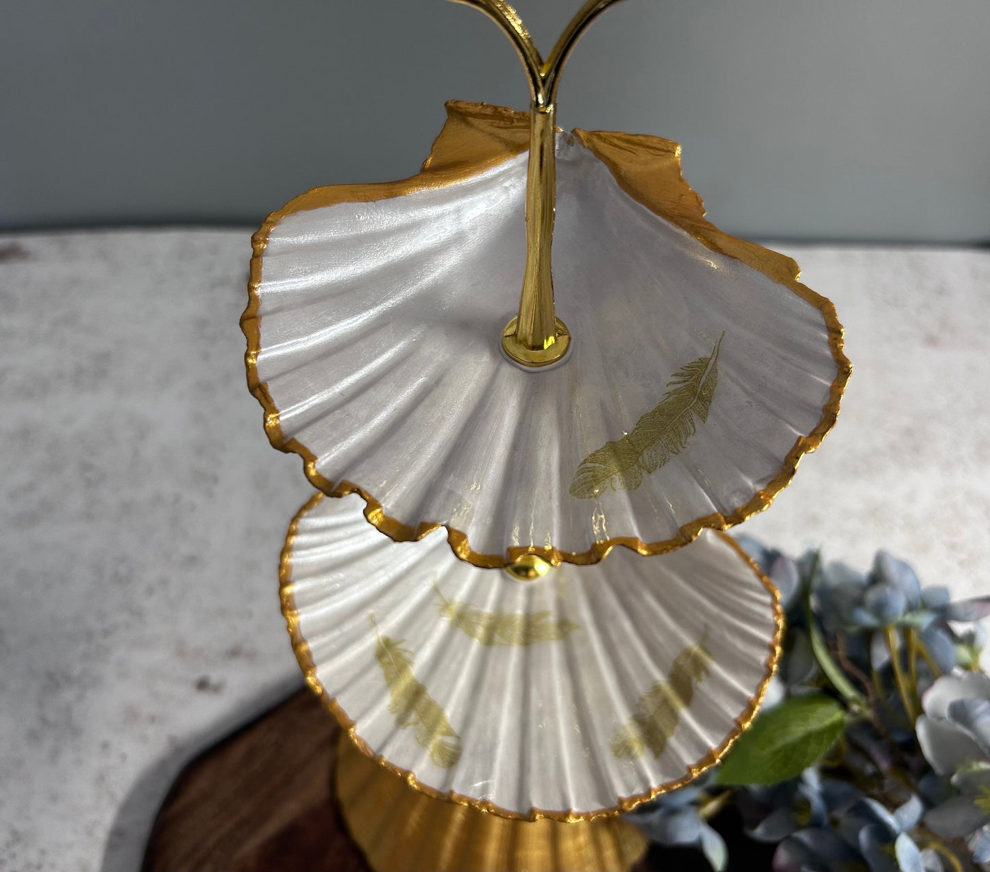 Gold scallop shell jewellery stand with feather design. Two tier jewellery display gift for her. Bedside ring, earring and necklace holder.