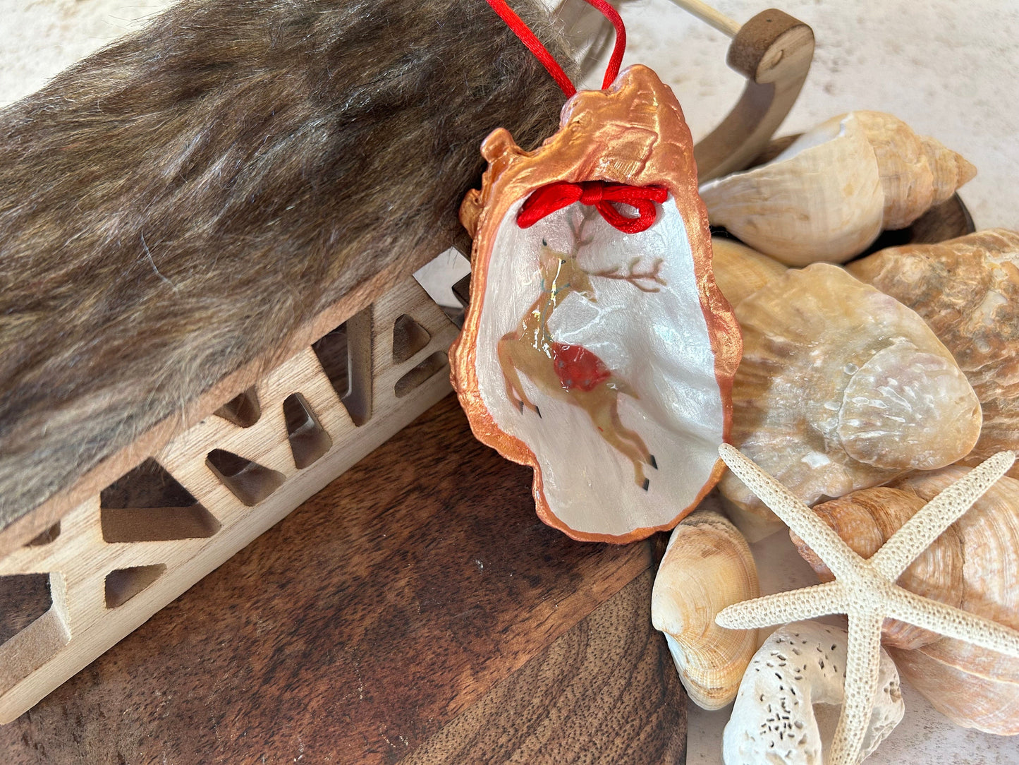 Reindeer Christmas Tree Ornament. Vintage Style Rose Gold Deer Bauble.