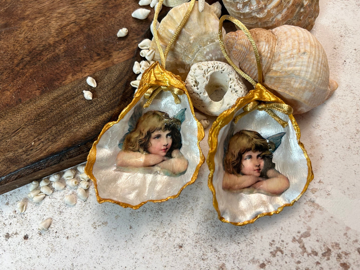 Personalised Oyster Shell Memorial Angel Ornament. Remembrance Christmas Keepsake.