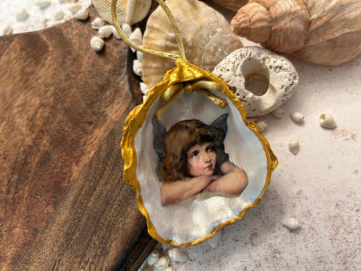 Personalised Oyster Shell Memorial Angel Ornament. Remembrance Christmas Keepsake.