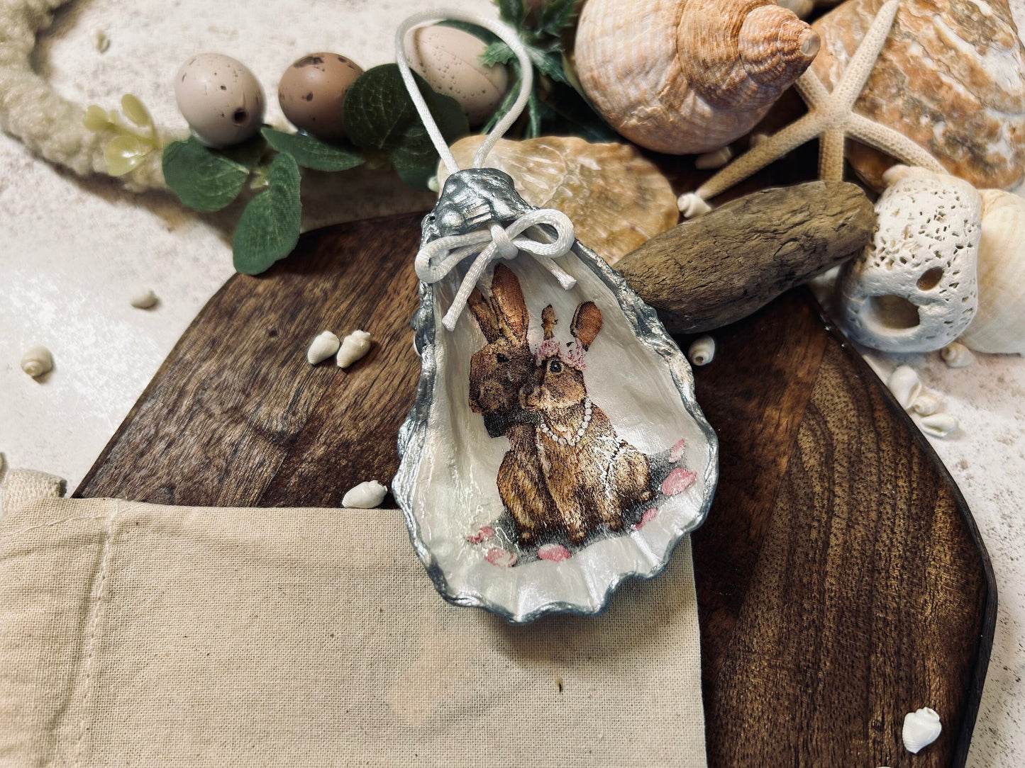 Hare hanging decoration. Brown rabbit couple silver oyster shell ornament. Easter hanging decor. Bride or wedding gift. Hare gift for her.