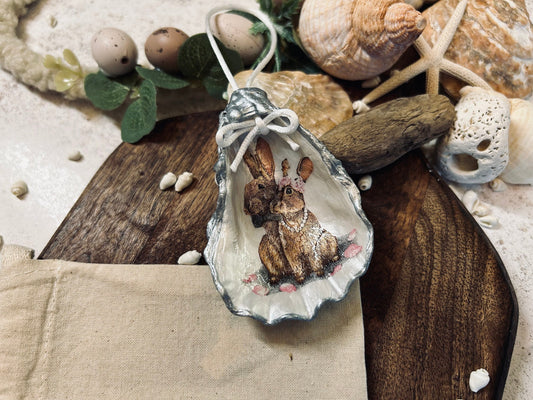 Hare hanging decoration. Brown rabbit couple silver oyster shell ornament. Easter hanging decor. Bride or wedding gift. Hare gift for her.