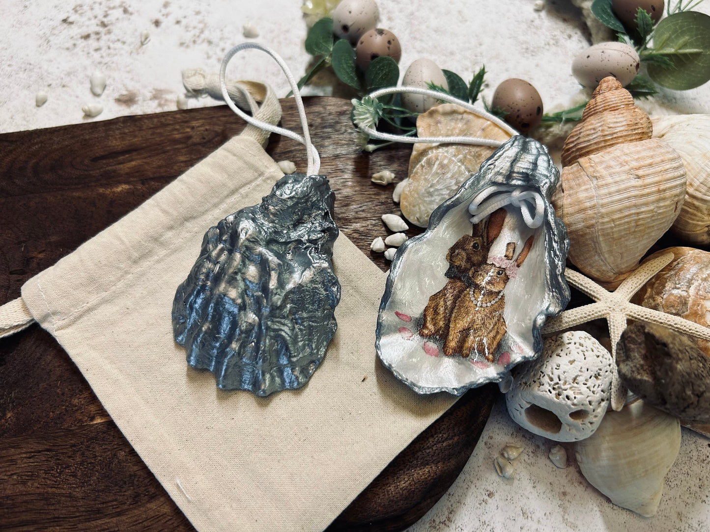 Hare hanging decoration. Brown rabbit couple silver oyster shell ornament. Easter hanging decor. Bride or wedding gift. Hare gift for her.