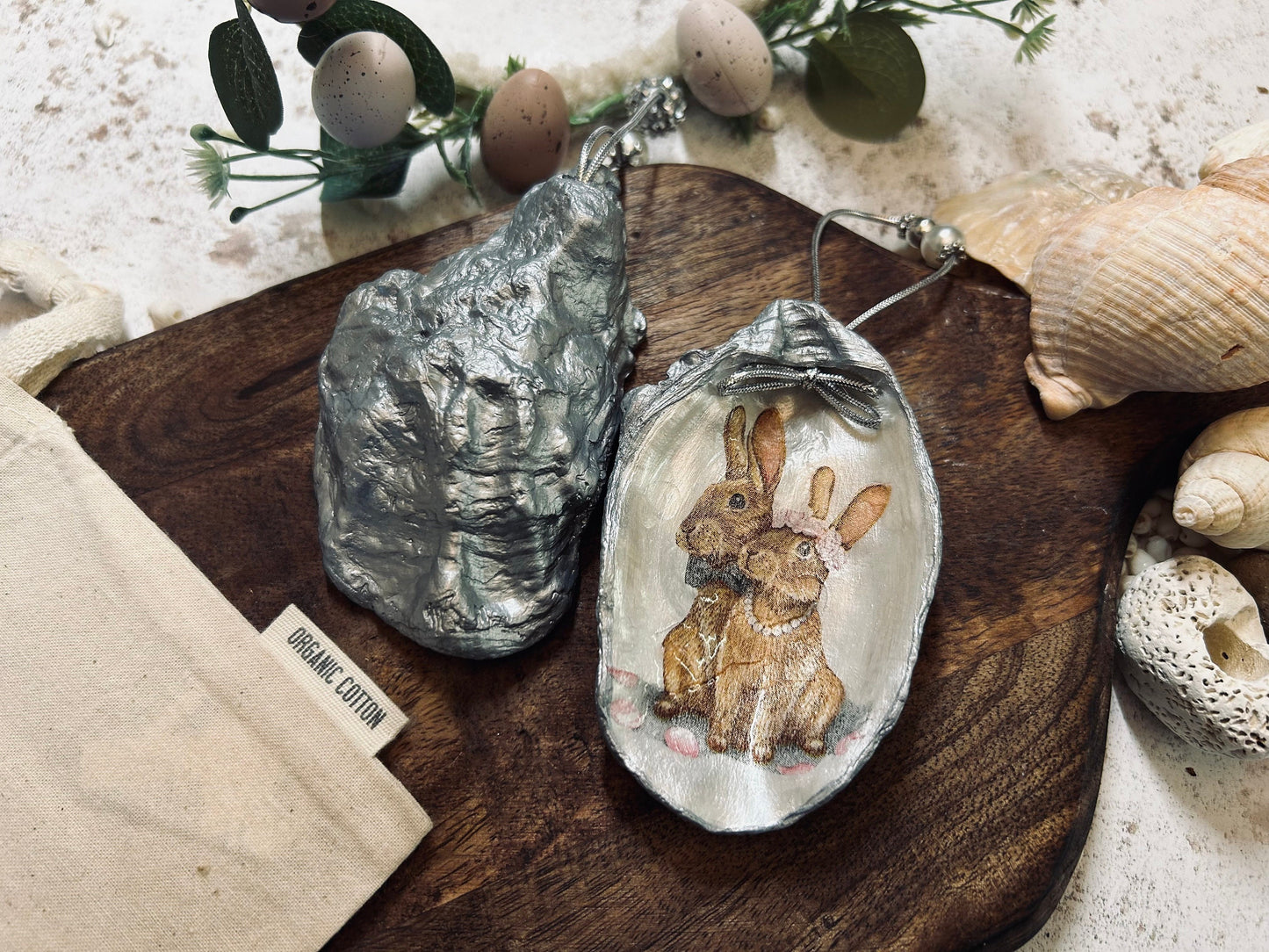 Brown Bunnies hanging decoration. Natural oyster shell rabbit gift for a nature lover. Easter spring table decor. Rabbit lovers gift.