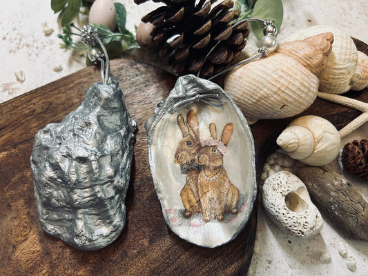 Brown Bunnies hanging decoration. Natural oyster shell rabbit gift for a nature lover. Easter spring table decor. Rabbit lovers gift.