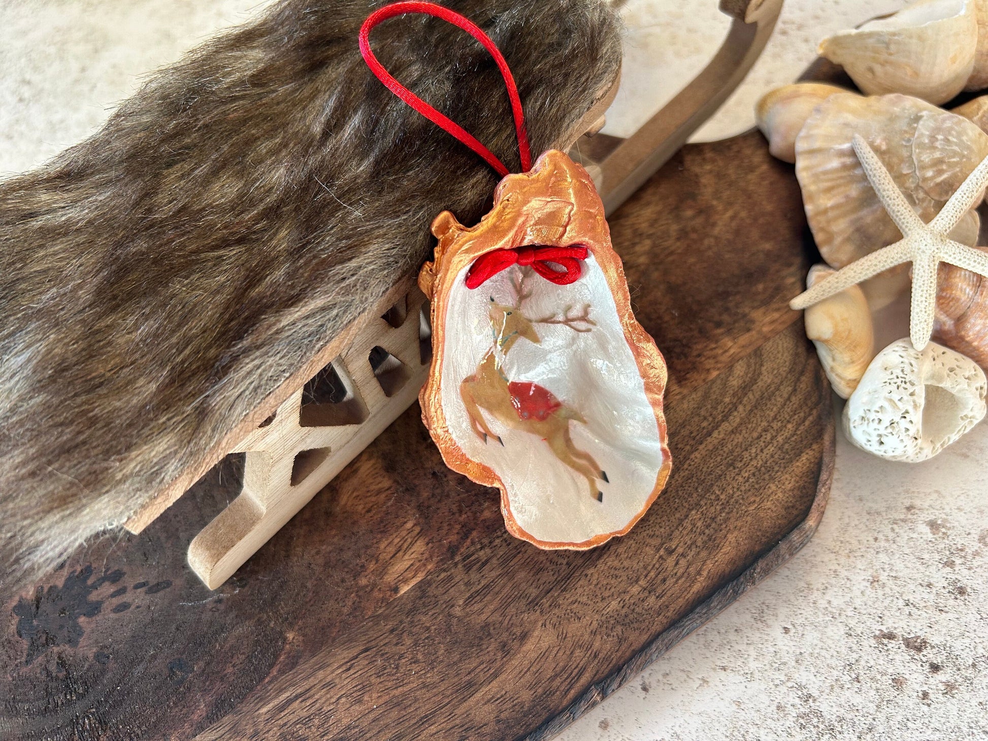 Reindeer Christmas Tree Ornament. Vintage Style Rose Gold Deer Bauble.