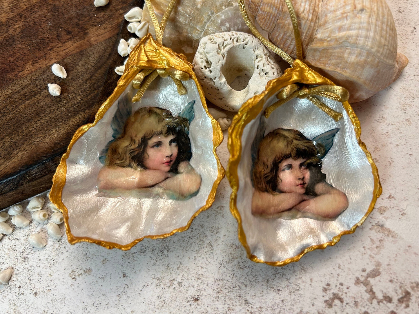 Personalised Oyster Shell Memorial Angel Ornament. Remembrance Christmas Keepsake.