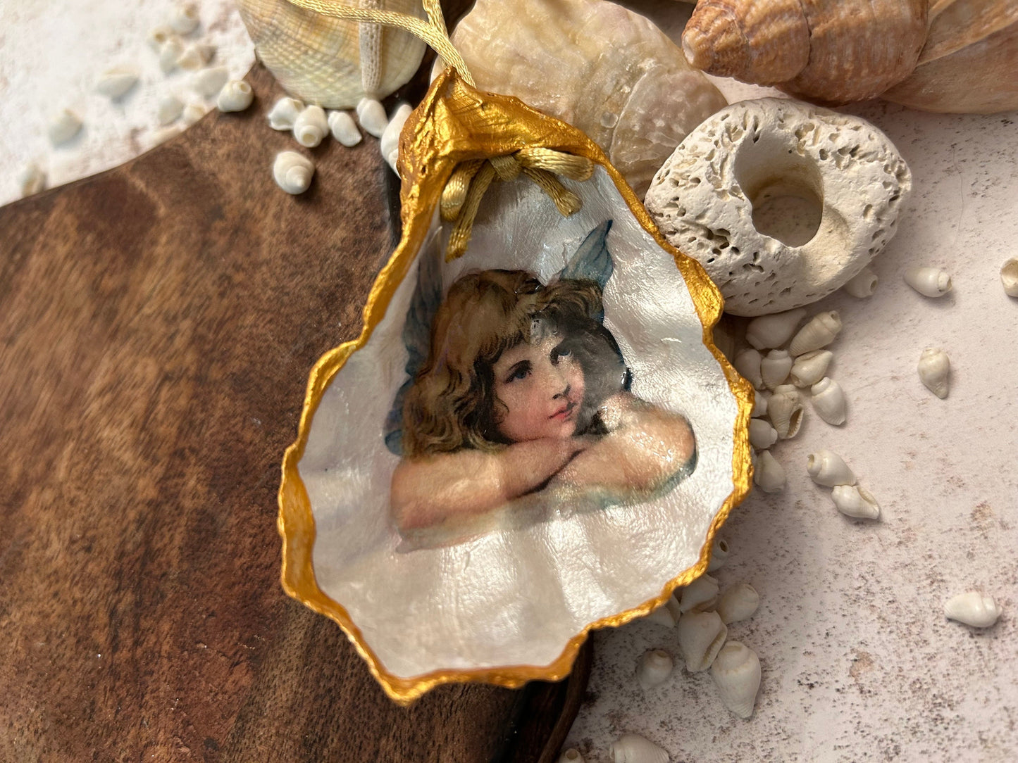 Personalised Oyster Shell Memorial Angel Ornament. Remembrance Christmas Keepsake.