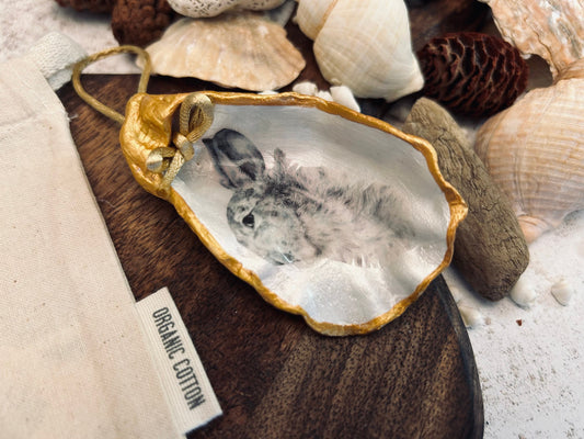Hare portrait oyster shell in rich gold. Easter gift for hare lovers. Black and gold hare hanging ornament. Wildlife animal gift.