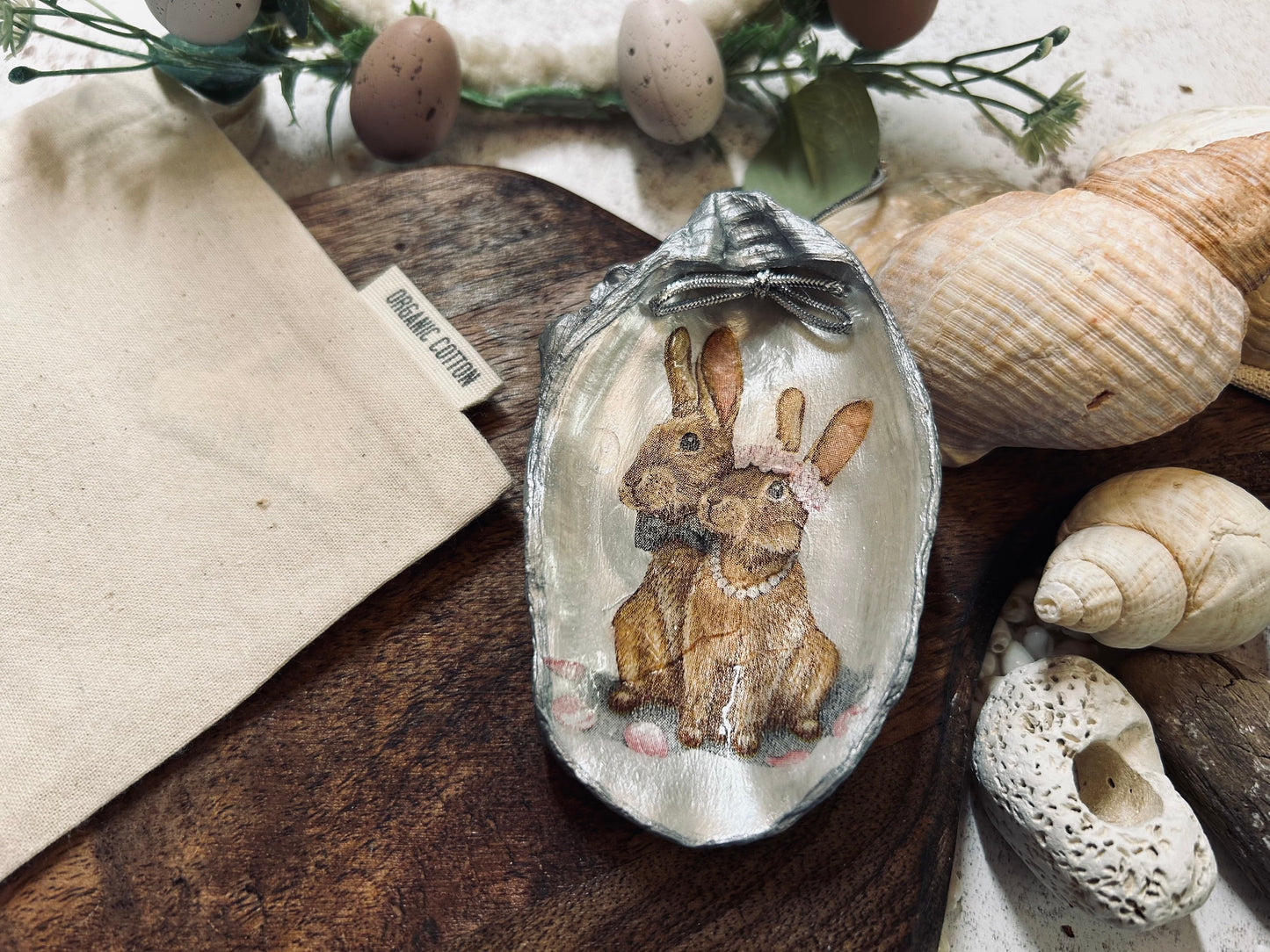 Brown Bunnies hanging decoration. Natural oyster shell rabbit gift for a nature lover. Easter spring table decor. Rabbit lovers gift.