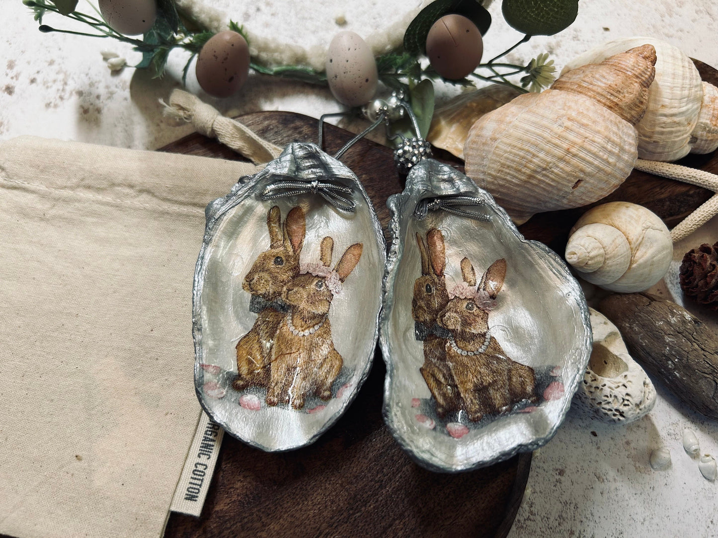 Brown Bunnies hanging decoration. Natural oyster shell rabbit gift for a nature lover. Easter spring table decor. Rabbit lovers gift.