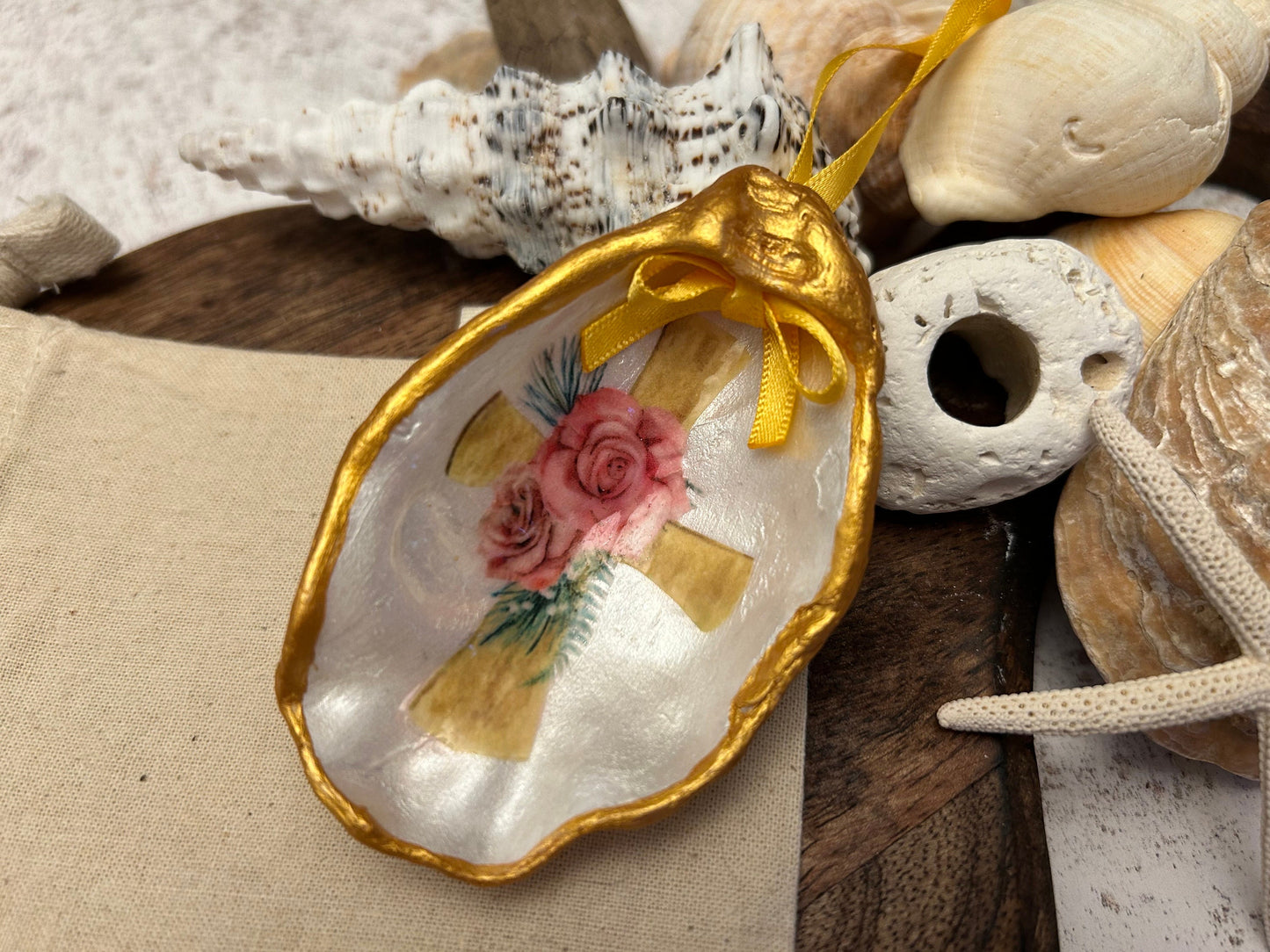 Pink Personalised Christening oyster shell nursery gift. Gold Cross and pink rose ornament. Baptism or Holy Communion ceremony gift.