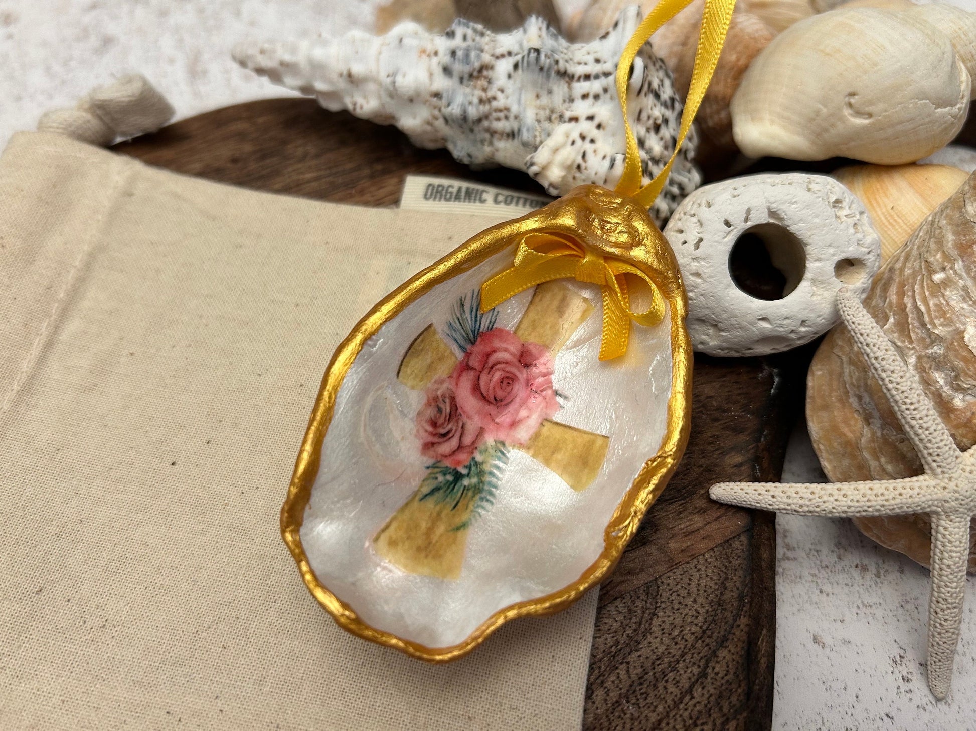 Pink Personalised Christening oyster shell nursery gift. Gold Cross and pink rose ornament. Baptism or Holy Communion ceremony gift.