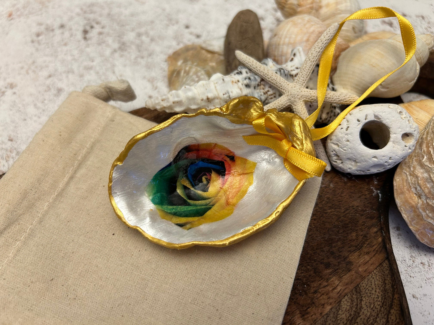 Rainbow rose oyster shell hanging decoration. Unique rise flower pride Gift. Galentine Christmas Gift. Multi coloured rose hanging gift.