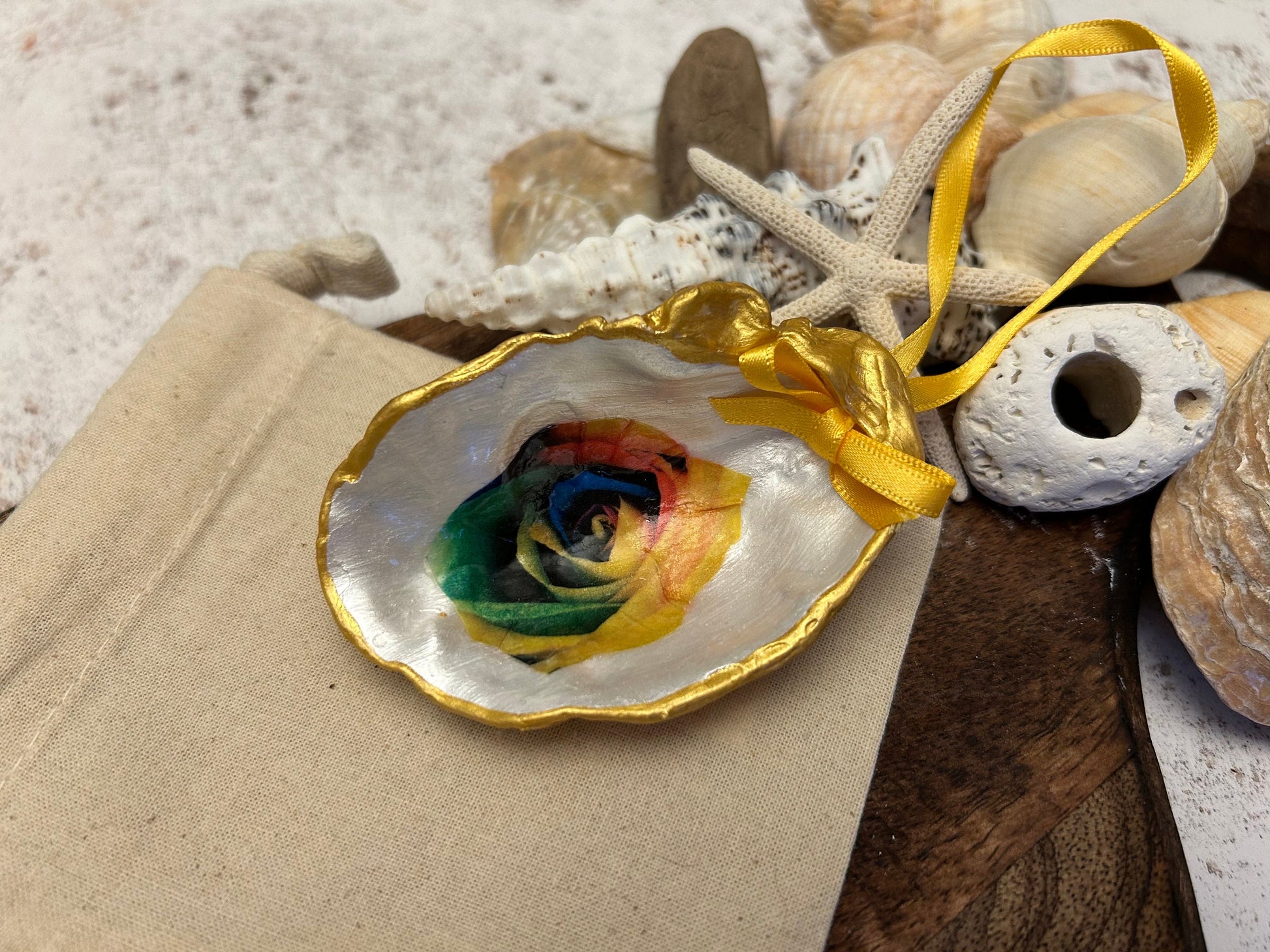 Rainbow rose oyster shell hanging decoration. Unique rise flower pride Gift. Galentine Christmas Gift. Multi coloured rose hanging gift.