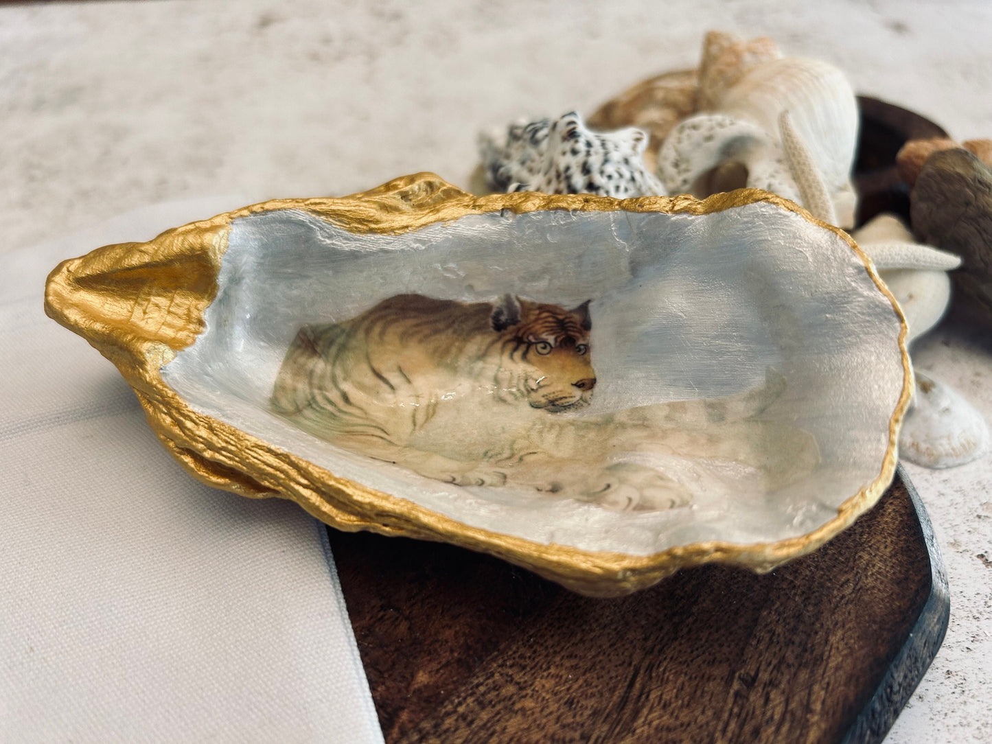White Tiger Oyster Shell Trinket Dish. Perfect for your cufflinks, loose change or keys. Unique Gift from Son or Daughter.