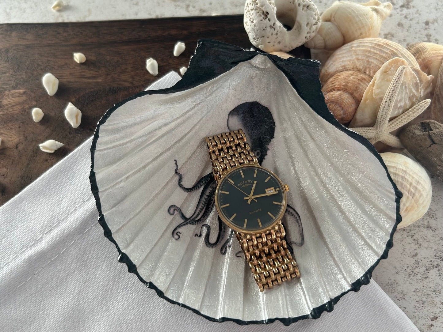 Black vintage Octopus scallop shell dish. Desk tidy to hold cufflinks, coins or trinkets. Unique Gift for him or her. Octopi home accent.
