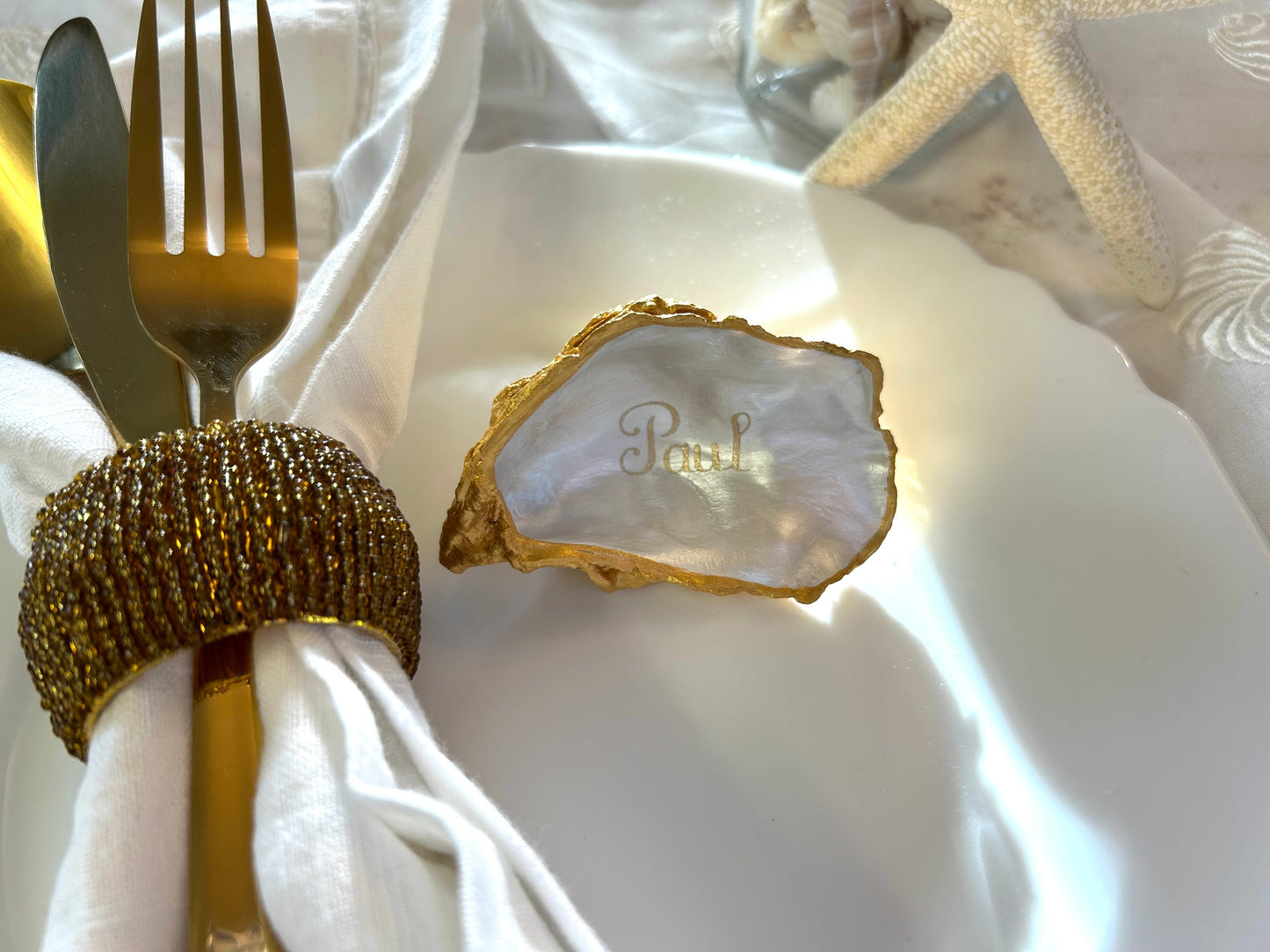 Gold Oyster Shell Wedding Place Card and Favour. Personalised name place for Bride and Groom. Custom Design place names.