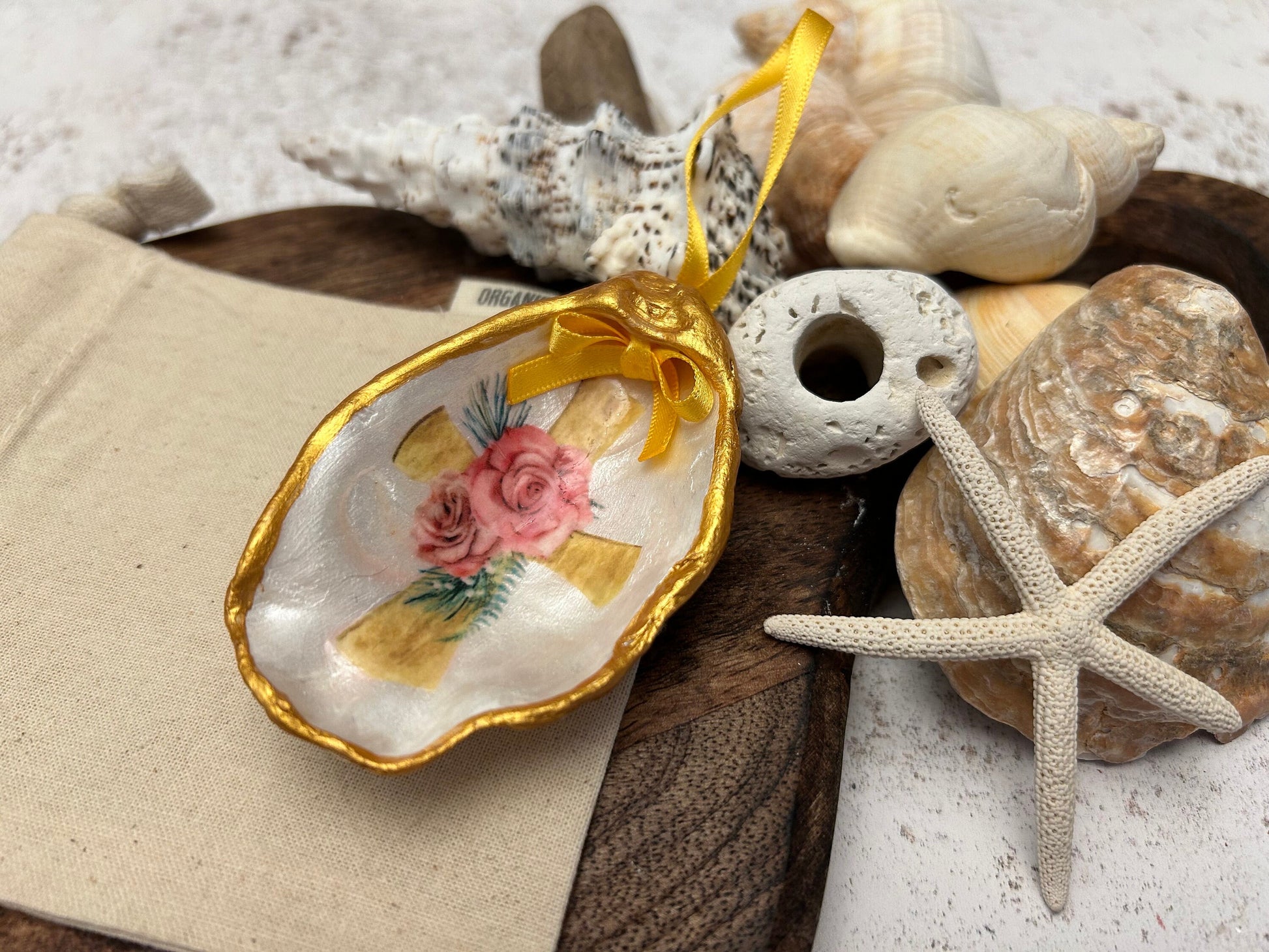 Pink Personalised Christening oyster shell nursery gift. Gold Cross and pink rose ornament. Baptism or Holy Communion ceremony gift.