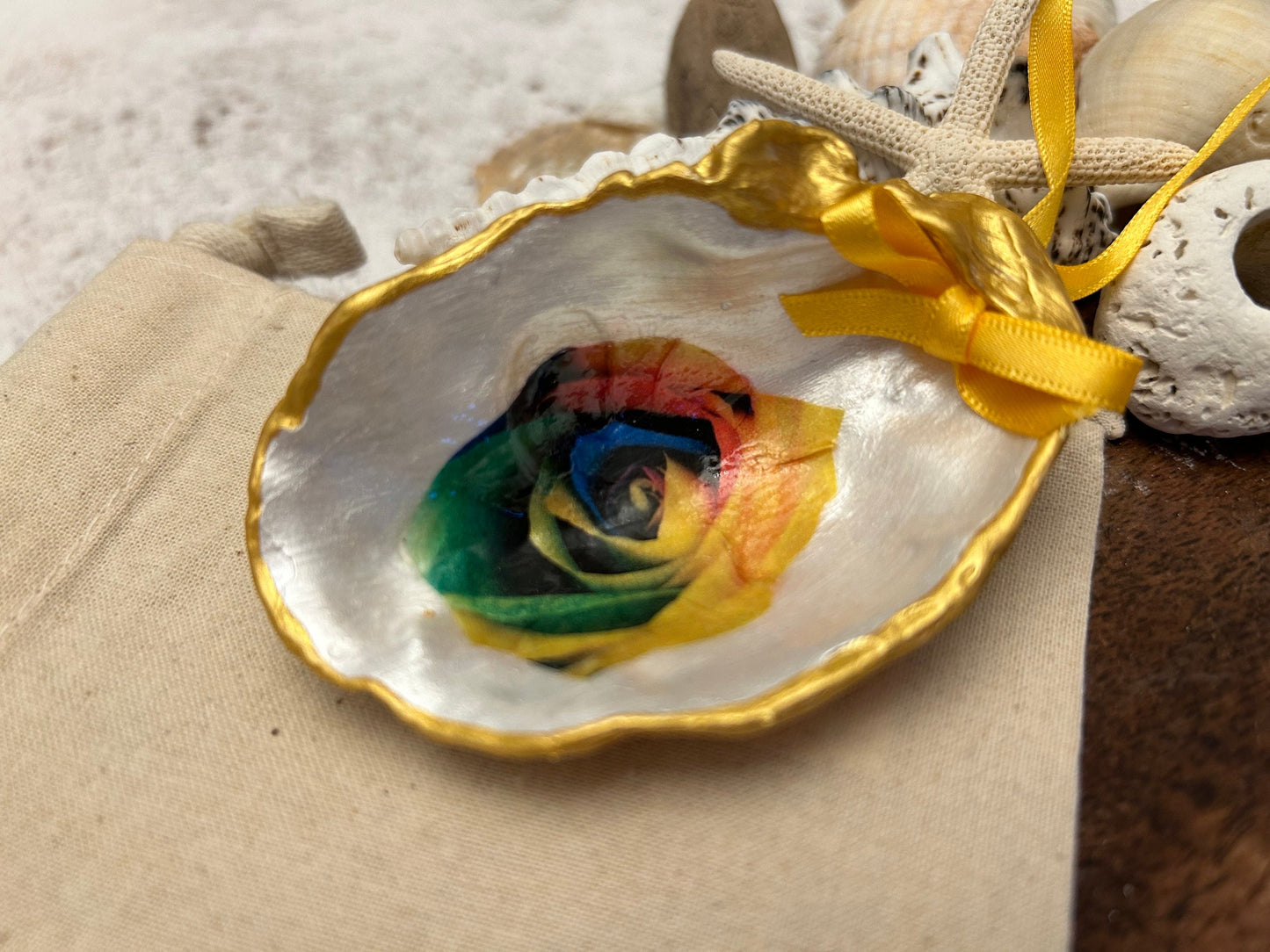 Rainbow rose oyster shell hanging decoration. Unique rise flower pride Gift. Galentine Christmas Gift. Multi coloured rose hanging gift.