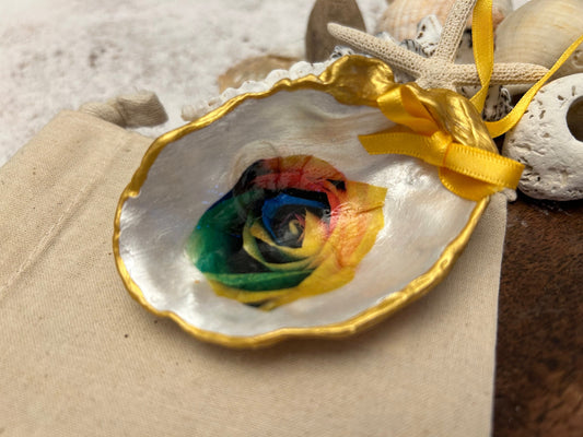 Rainbow rose oyster shell hanging decoration. Unique rise flower pride Gift. Galentine Christmas Gift. Multi coloured rose hanging gift.