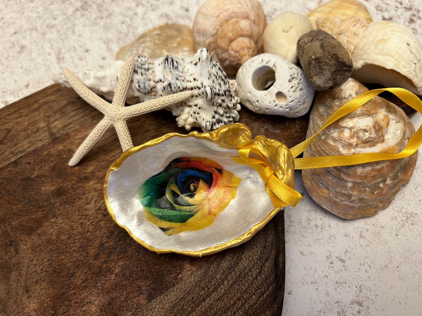 Rainbow rose oyster shell hanging decoration. Unique rise flower pride Gift. Galentine Christmas Gift. Multi coloured rose hanging gift.