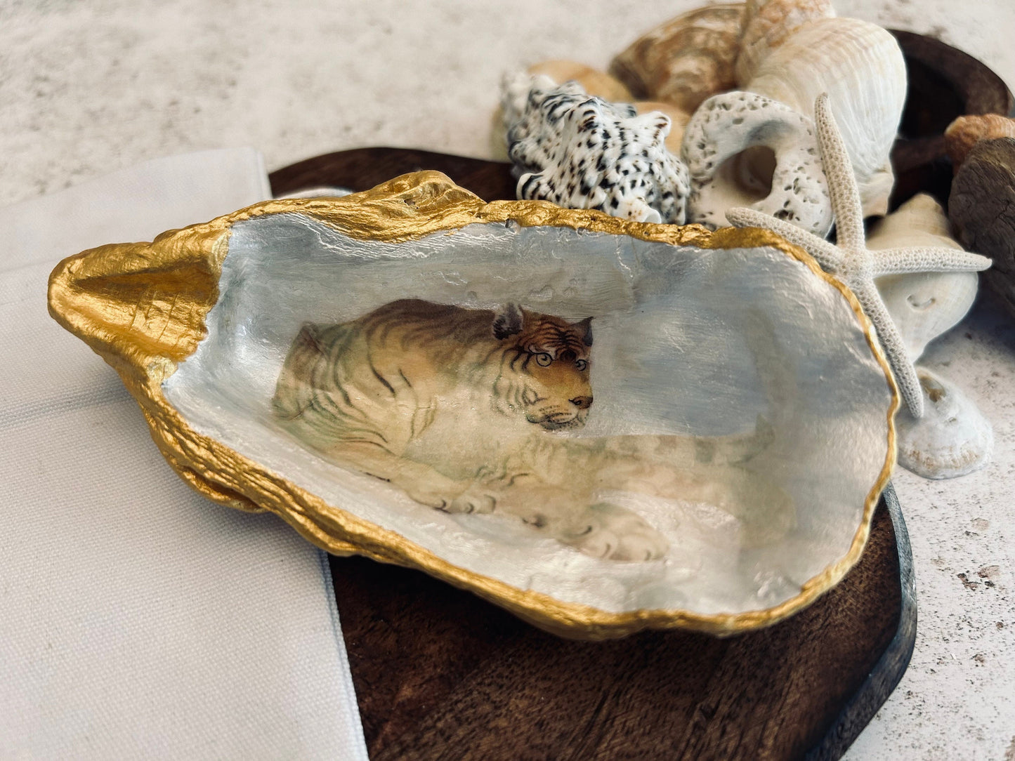 White Tiger Oyster Shell Trinket Dish. Perfect for your cufflinks, loose change or keys. Unique Gift from Son or Daughter.