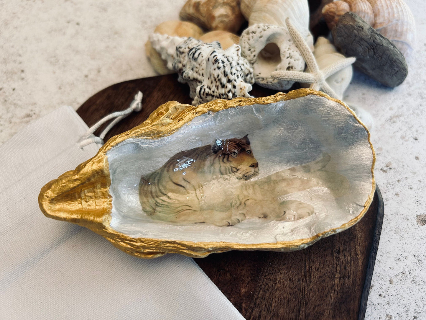 White Tiger Oyster Shell Trinket Dish. Perfect for your cufflinks, loose change or keys. Unique Gift from Son or Daughter.