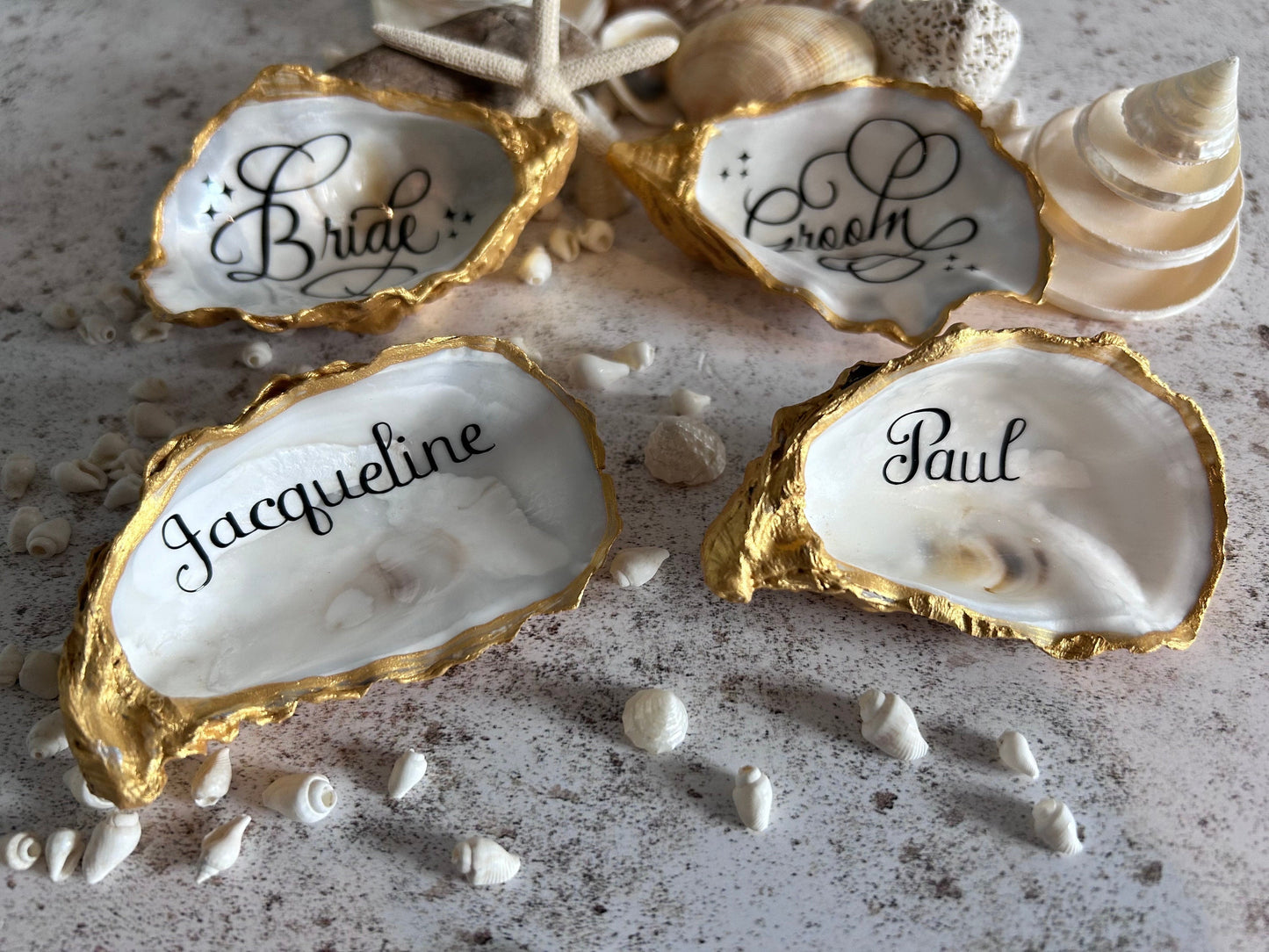Personalised oyster shell place card. Wedding place names and favours. Natural inside with custom colours. Destination or beach wedding.