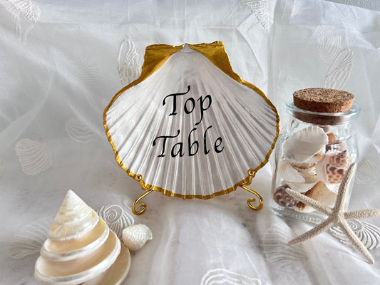 Wedding top table scallop shell. Personalised gold shell. Custom coloured beach theme table sign. Nautical signs for beach or pool party.