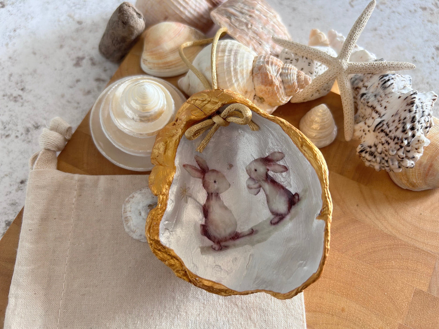 Cute rabbit shell hanging decoration. Brown bunnies Easter decoration. Spring home decor gift for a Rabbit lover. Bunny gift for her.