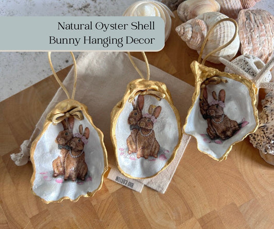 Easter Hare oyster shell hanging decoration. Brown bunny rabbit couple ornament.