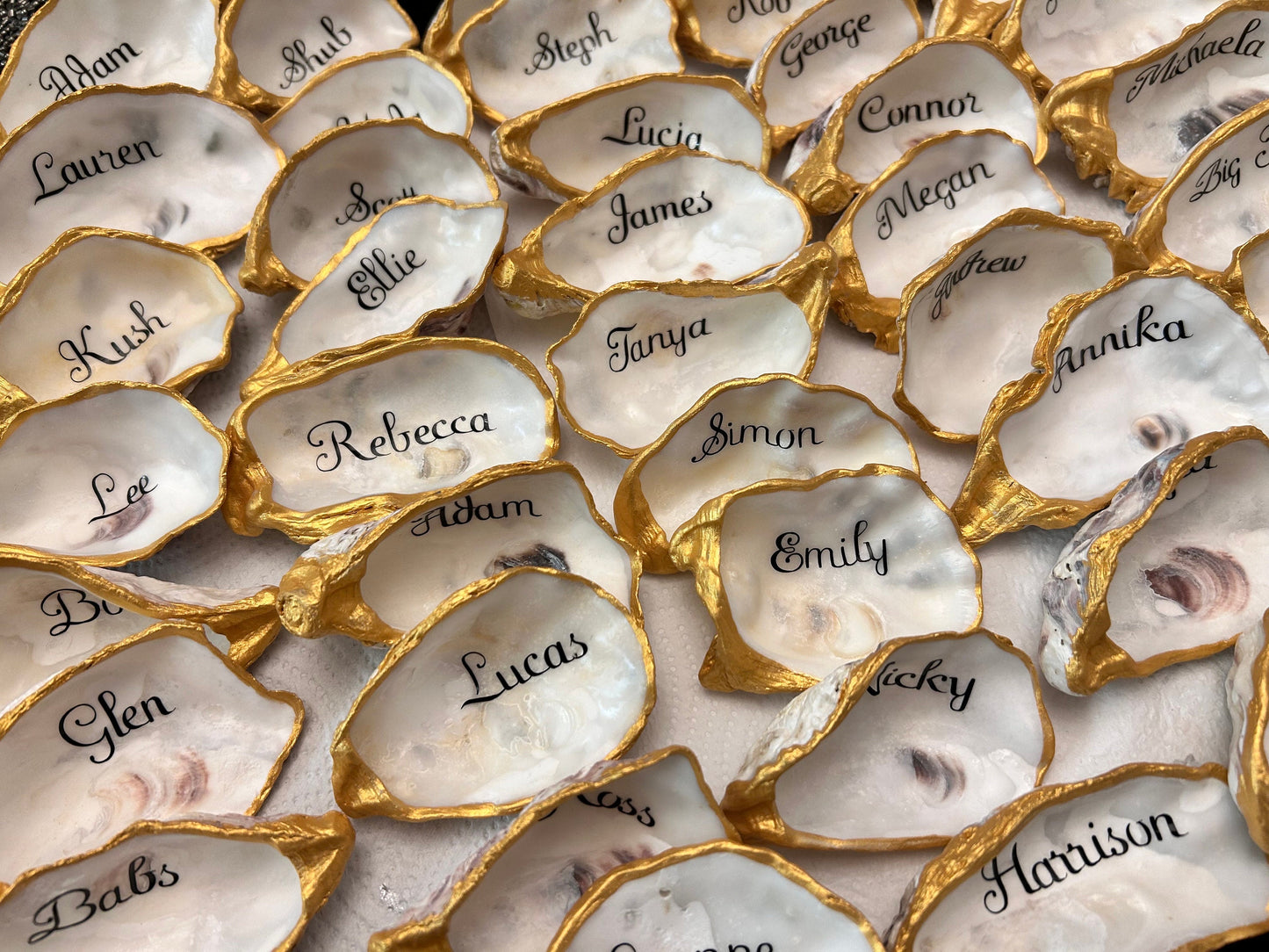 Oyster shell wedding place names and favours. Personalised name card for wedding party. Wedding guest gift. Place setting keepsake.