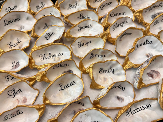 Oyster shell wedding place names and favours. Personalised name card for wedding party. Wedding guest gift. Place setting keepsake.